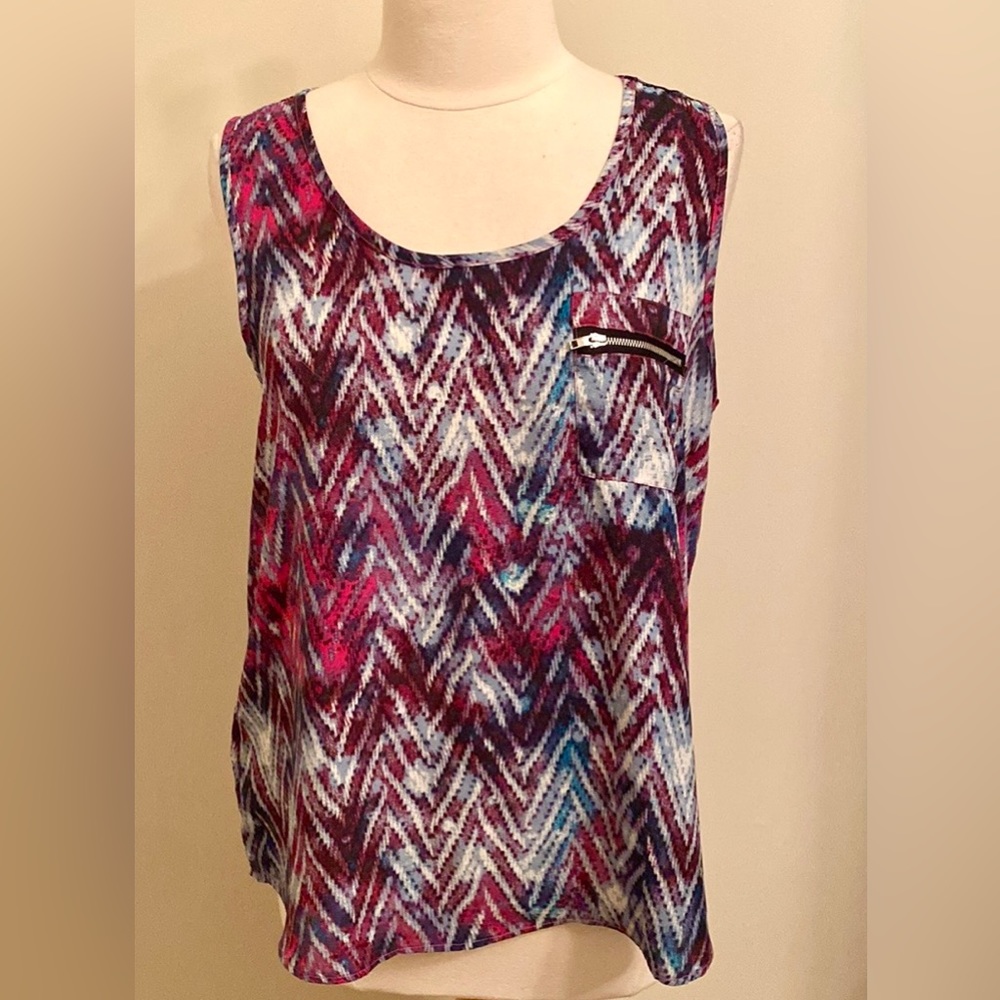 Signature Studio Purple Teal Chevron Print SZ L  Retro Modern Boho Chic Top